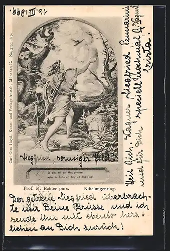 Künstler-AK Siegfried folgt einem Vogel auf seinem Weg