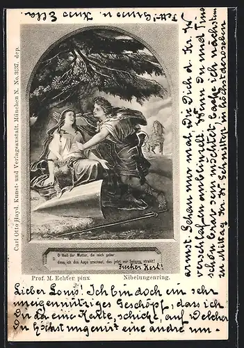 Künstler-AK Nibelungenring, Paar trifft sich unter einem Baum