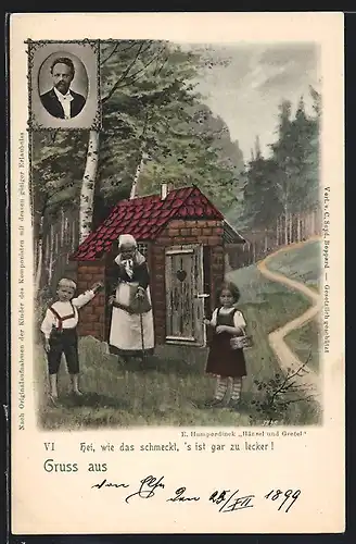 AK E. Humperdinck, Hänsel und Gretel am Hexenhaus, Hei, wie das schmeckt, `s ist gar zu lecker