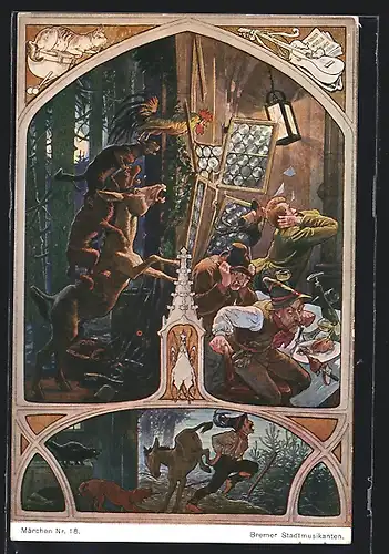 AK Gebr. Grimm's Märchen: Die Bremer Stadtmusikanten stehen zu viert am Fenster des Räuberhauses