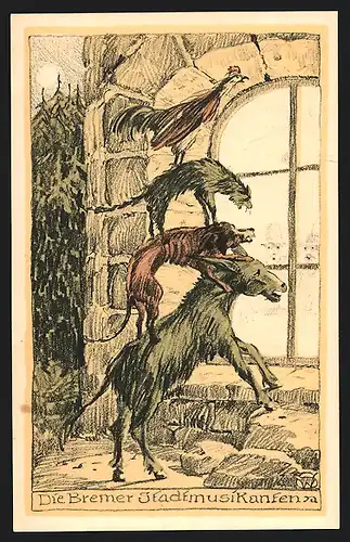 Künstler-AK Die Bremer Stadtmusikanten vor dem Fenster eines Hauses