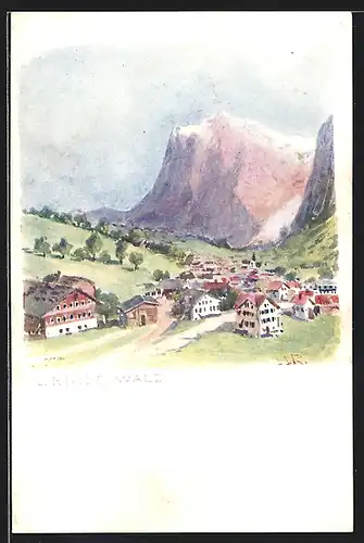 Künstler-AK Grindelwald, Ortsansicht bei Tag