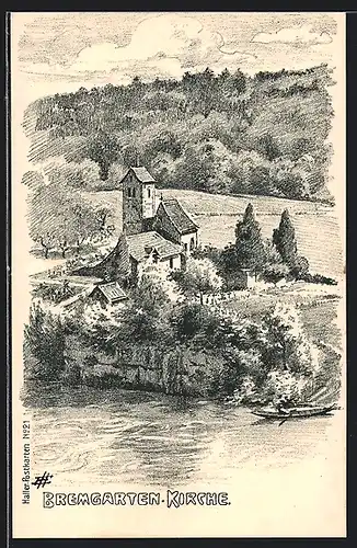 Künstler-AK Bremgarten, Blick auf die Kirche, Ruderboot am Ufer