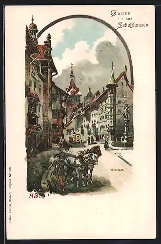 Lithographie Schaffhausen, Partie in der Oberstadt mit Denkmal