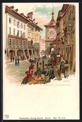 Lithographie Bern, Marktgasse & Zeitglockenturm