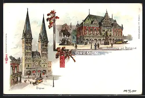Lithographie Bremen, Rathaus & Roland, Dom