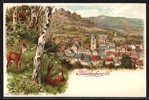 Lithographie Blankenburg, Totalansicht mit Hirsche am Waldrand