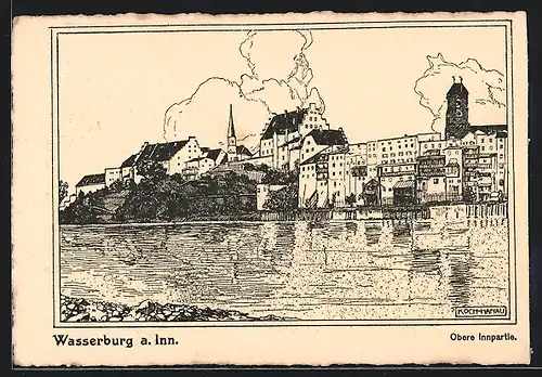Künstler-AK Wasserburg a. Inn., Blick über das Wasser zum Ort