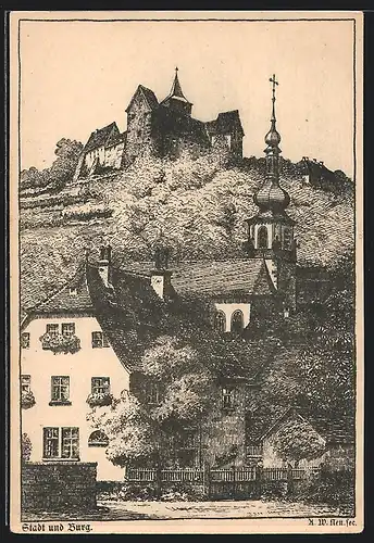Künstler-AK Rothenfels a. M., Ortsansicht mit Burg