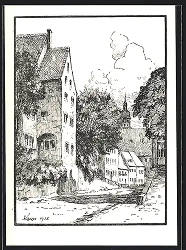 AK Frankenberg, Partie am Neubau mit Blick zur Kirche