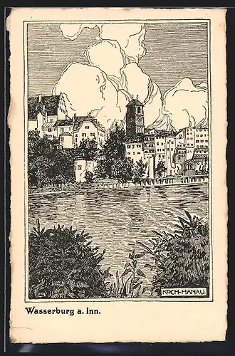 Künstler-AK Wasserburg /Inn, Ortspanorama mit Inn