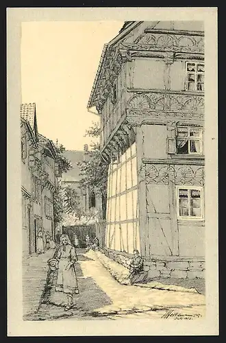 Künstler-AK Osterwieck, Alte Holzbauten, Blick vom Hagen in die Murrgasse