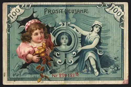 Lithographie Prosit Neujahr, Kind platzt durch Banknote