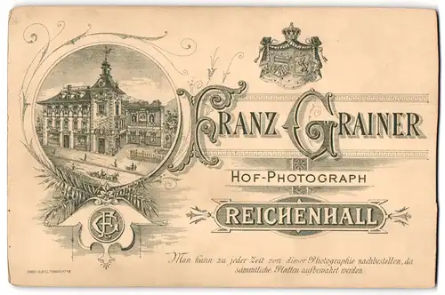 Fotografie Franz Grainer, Reichenhall, Ansicht Reichenhall, das Fotoatelier in der Frontansicht, königliches Wappen