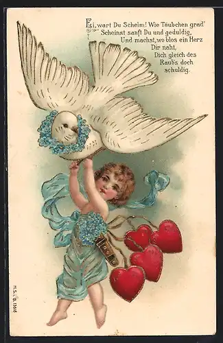 AK Kleiner Amor klammert sich an eine weisse Taube