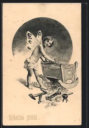 AK Kleiner Schmetterling bastelt an einer Wiege, Glückwunsch Baby