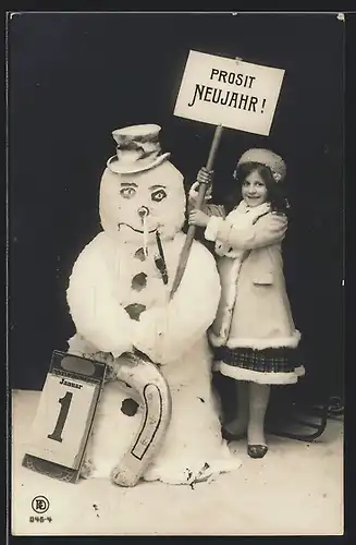 AK Schneemann mit Hufeisen und Kalenderblatt 1. Januar, Prosit Neujahr