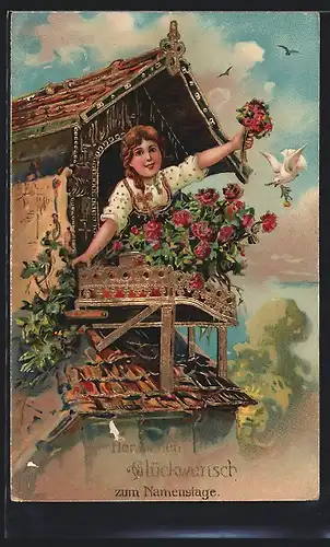 AK Mädchen mit Rosenstrauss und weisser Taube, Glückwunsch zum Namenstag