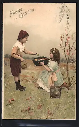 AK Junge legt ein Osterei in das Körbchen des Mädchens, Frohe Ostern