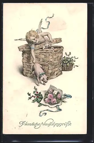 AK Neujahrsengel fängt das Schwein am Ringelschwänzchen, Herzliche Neujahrsgrüsse