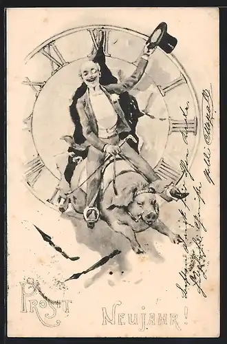 Künstler-AK Mann im Smoking reitet auf einem Schwein - Neujahrsgruss