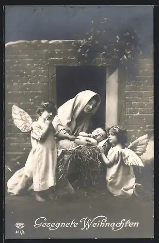 AK Weihnachtsengel am Bettchen des kleinen Jesus, Gesegnete Weihnachten