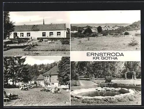 AK Ernstroda /Kr. Gotha, Konsum-Einkaufszentrum, FDGB-Erholungsheim Otto Heller, Springbrunnen