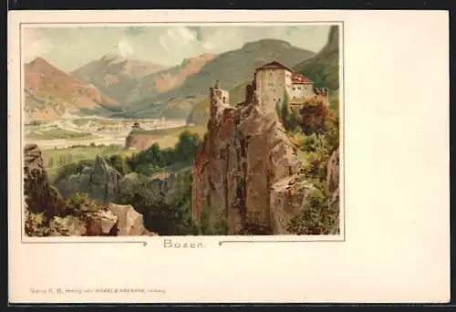Lithographie Bozen, Die Haselburg gegen die Sarnerscharte