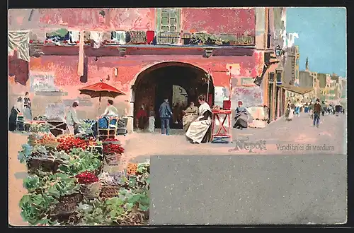 Lithographie Napoli, Venditrici di verdura, Gemüsemarkt