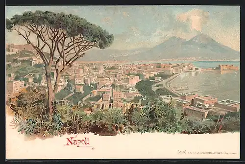 Lithographie Napoli, Panorama mit Vesuv