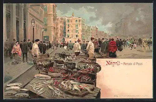 Lithographie Napoli, Mercato di Pesci, Menschen auf dem Wochenmarkt