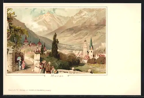 Lithographie Meran, Ortsansicht von einer Anhöhe aus gesehen