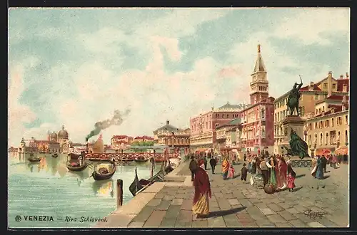 Künstler-Lithographie Venezia, Riva Schiavoni, Gondeln