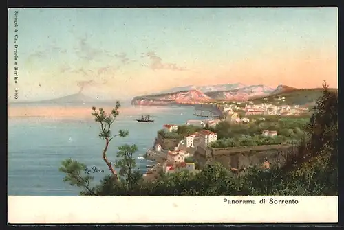 Künstler-AK Sorrento, Panorama di Sorrento, Blick bis zum Vesuv