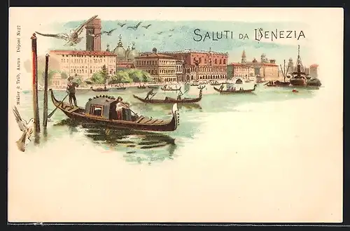 Lithographie Venedig, Gondeln vor Ortspanorama