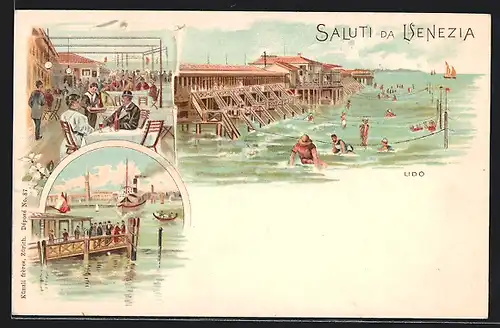 Lithographie Venedig, Gastgarten, Badegäste im Lido