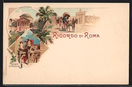 Lithographie Roma, Pantheon, Tempio di Minerva, Eselgespann