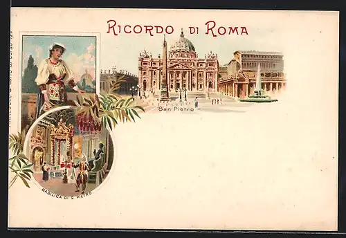 Lithographie Rom, Basilica di S. Peitro, Partie am Petersdom mit Denkmal
