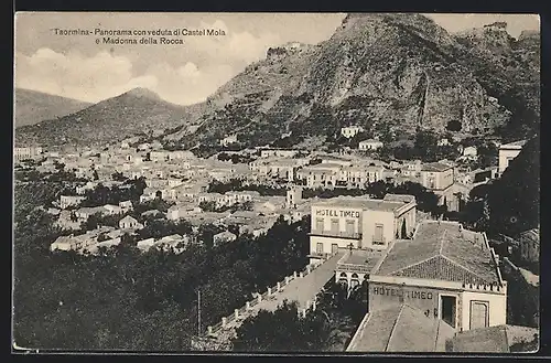 AK Taormina, Panorama con veduta di Castel Mola e Madonna della Rocca