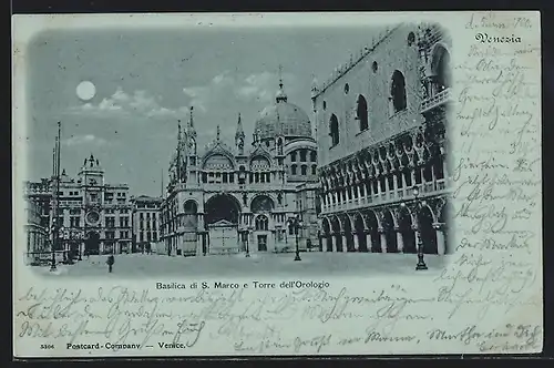 Mondschein-AK Venezia, Basilica di S. Marco e Torre dell`Orologio