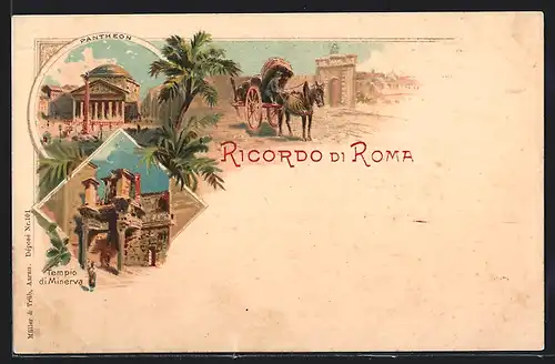 Lithographie Roma, Pantheon, Tempio di Minerva, Eselgespann