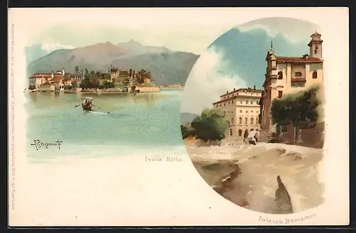 Lithographie Isola Bella, Totalansicht aus der Ferne, Palazza Borromeo