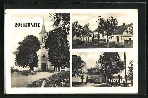 AK Rosternitz, Ansicht der Kirche, Strassenpartie im Ort