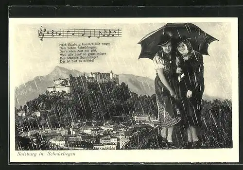 AK Salzburg, Teilansicht im Schnürlregen, Zwei Frauen unterm Schirm, Lied mit Noten
