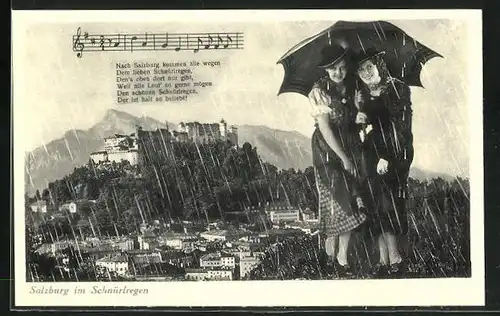 AK Salzburg, Damen mit Regenschirm im Schnürlregen, Stadtansicht und Notenzeile