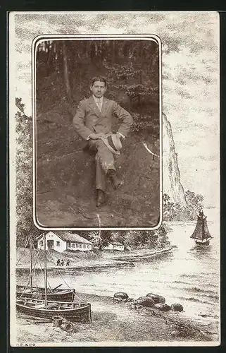 Passepartout-Foto-AK Portrait eines jungen Mannes im Anzug auf Stein sitzend