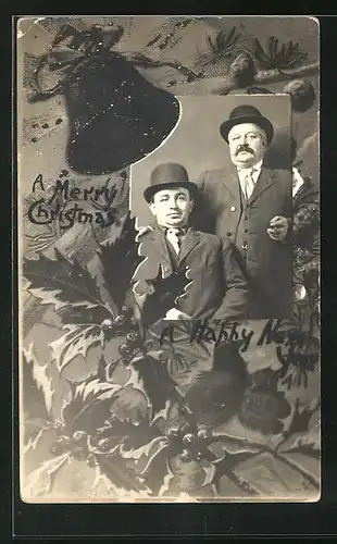 Passepartout-Foto-AK Portrait von zwei Herren im Anzug mit Melone, Weihnachts- und Neujahrsgruss
