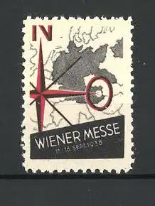 Reklamemarke Wien, Messe 1938, Landkarte und Himmelsrichtungen