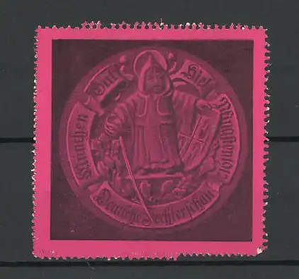 Reklamemarke München, Deutsche Fechterschau 1912, Münchner Kindl mit Degen