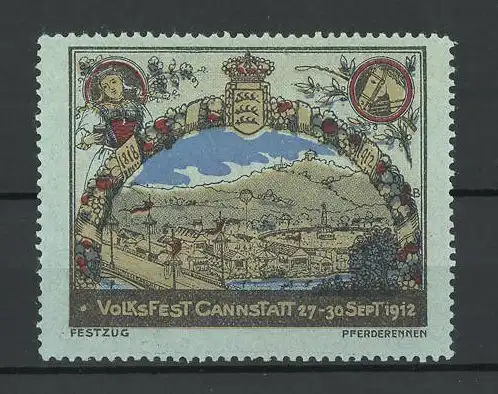 Reklamemarke Cannstatt, Volksfest 1912, Ansicht des Festplatzes, Stadtwappen